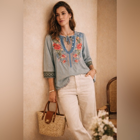 JOHNNY WAS Millie Embroidered Cotton Blouse | Size Small | Boho Chic - Picture 2 of 6